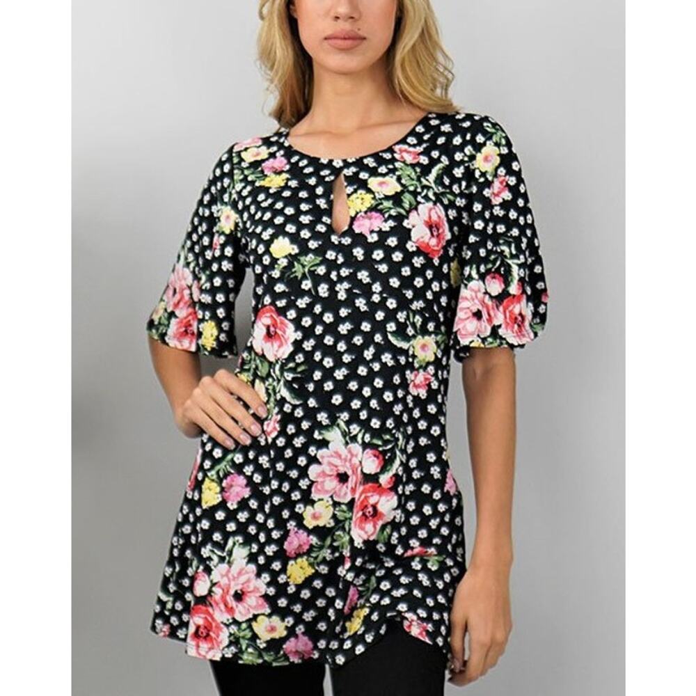 Blue & Orange Floral Keyhole Accent Boatneck Tunic